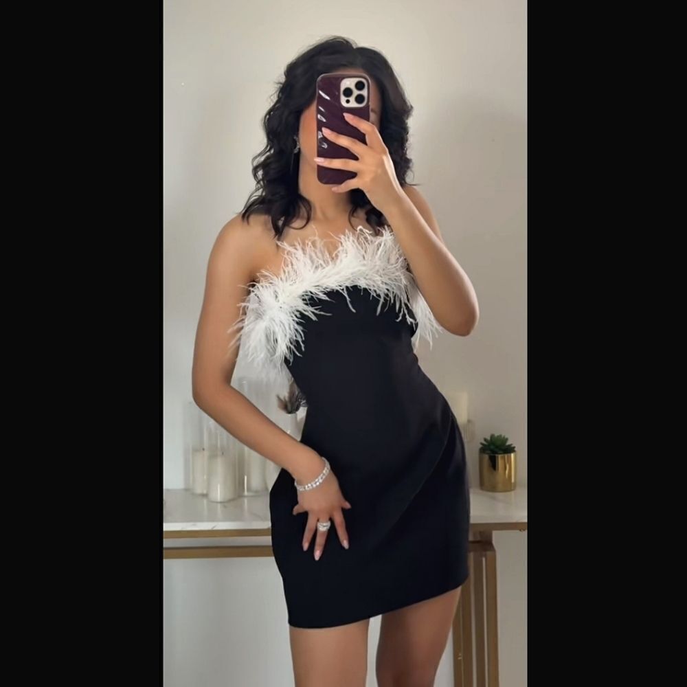 NWT ZARA mini dress with feathers contrast white and black - Picture 5 of 17